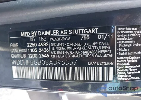 2011 Mercedes-Benz E 350 z USA, uszkodzony, nr VIN WDDHF5GB0BA396357